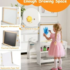Kids Art Table and Chair Set with Whiteboard Chalkboard Easel Storage and Paper Roll for Drawing