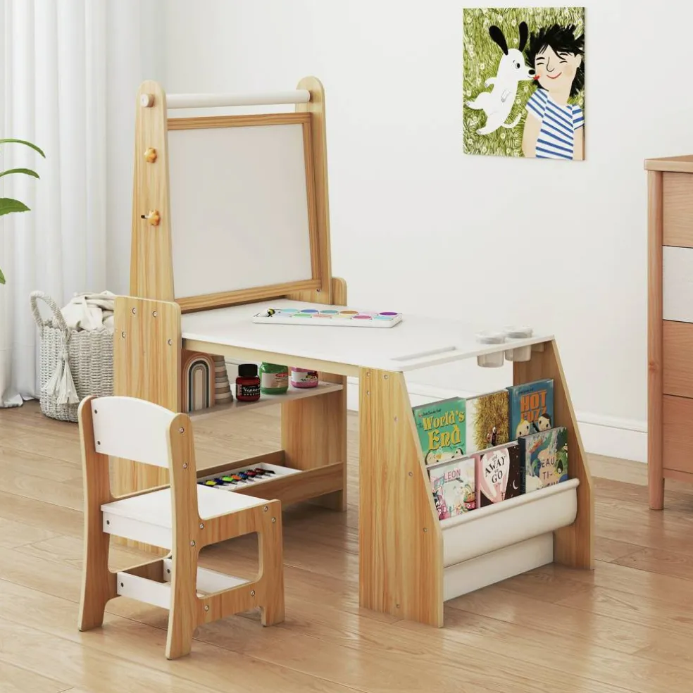 Kids Art Table and Chair Set with Whiteboard Chalkboard Easel Storage and Paper Roll for Drawing