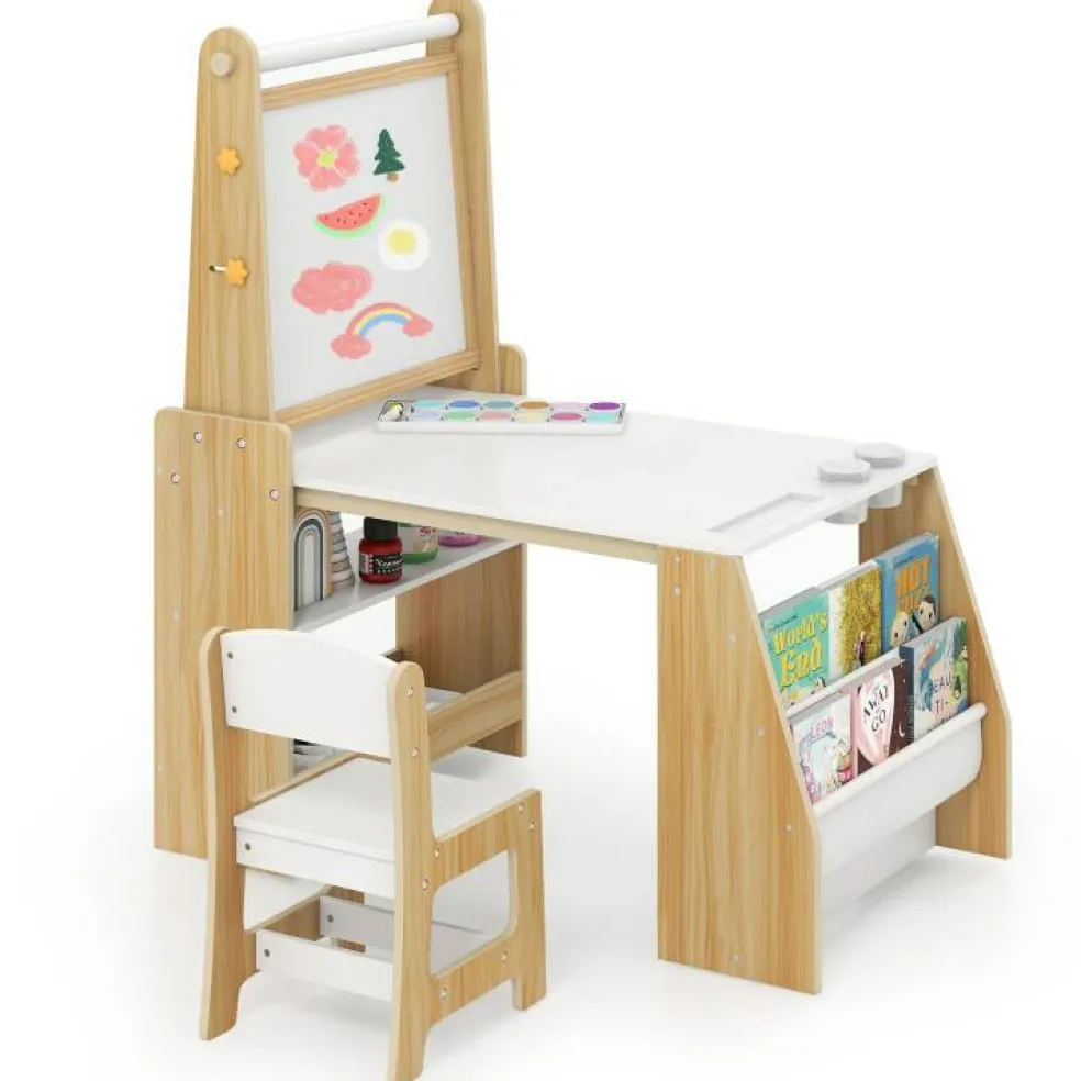 Kids Art Table and Chair Set with Whiteboard Chalkboard Easel Storage and Paper Roll for Drawing