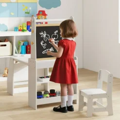 Kids Art Table and Chair Set with Whiteboard Chalkboard Easel Storage and Paper Roll for Drawing
