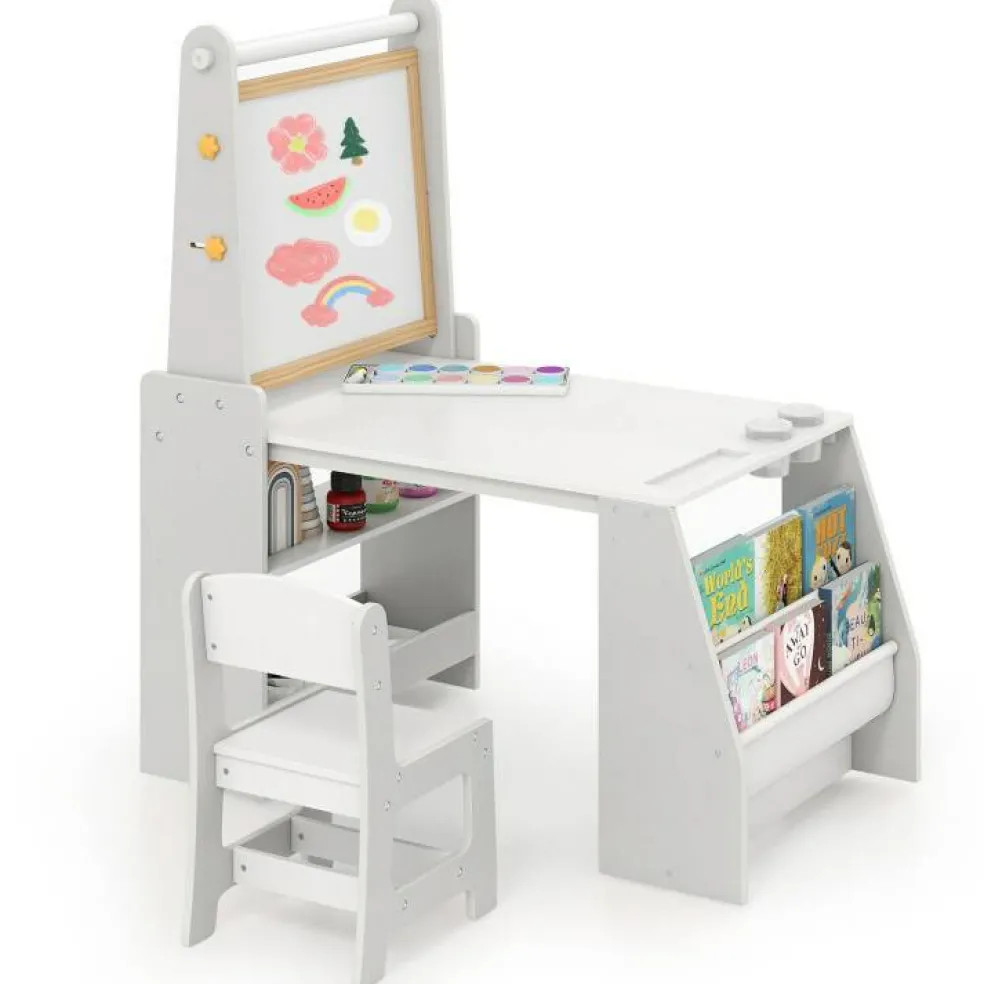 Kids Art Table and Chair Set with Whiteboard Chalkboard Easel Storage and Paper Roll for Drawing