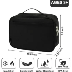 Kids Lunch box Insulated Soft Bag Mini Cooler Back to School Thermal Meal Tote Kit for Girls, Boys, Black