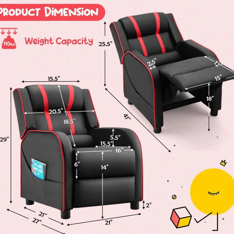 Kids Recliner Chair with Side Pockets and Footrest
