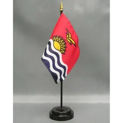 Kiribati Desk Flag with Base; American Made Rayon 4x6 inch Miniature Table Set Includes One Small Mini Country Stick Flags and One Black Stand