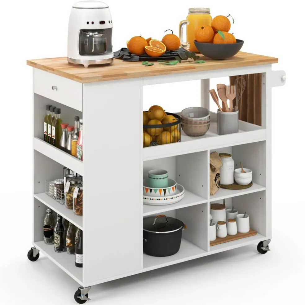 Kitchen Trolley Cart on Wheels with Open Shelves and Drawer