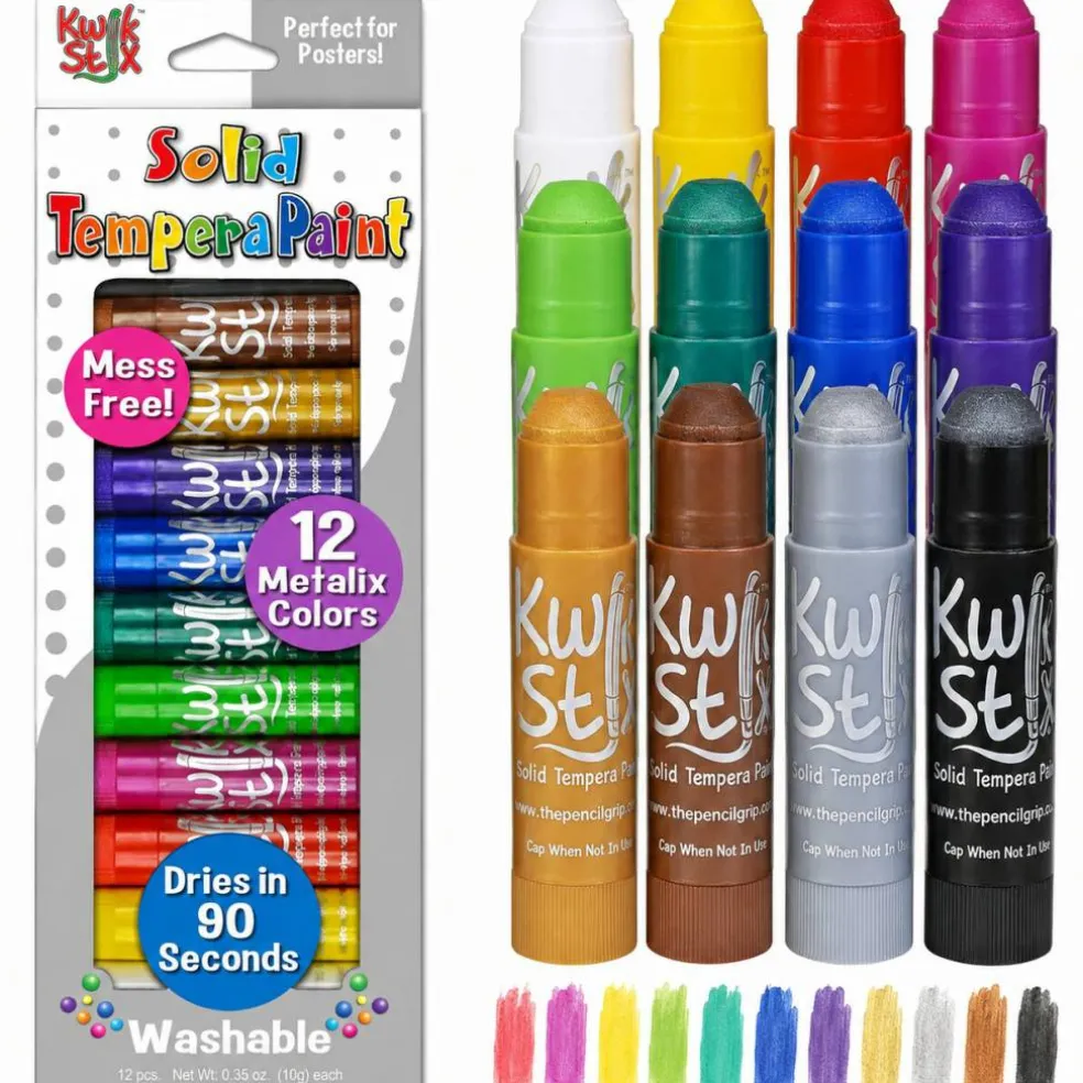 Kwik Stix Solid Tempera Paint Sticks 12 Metallic Colors, Fast-Drying Mess-Free Kids Paint
