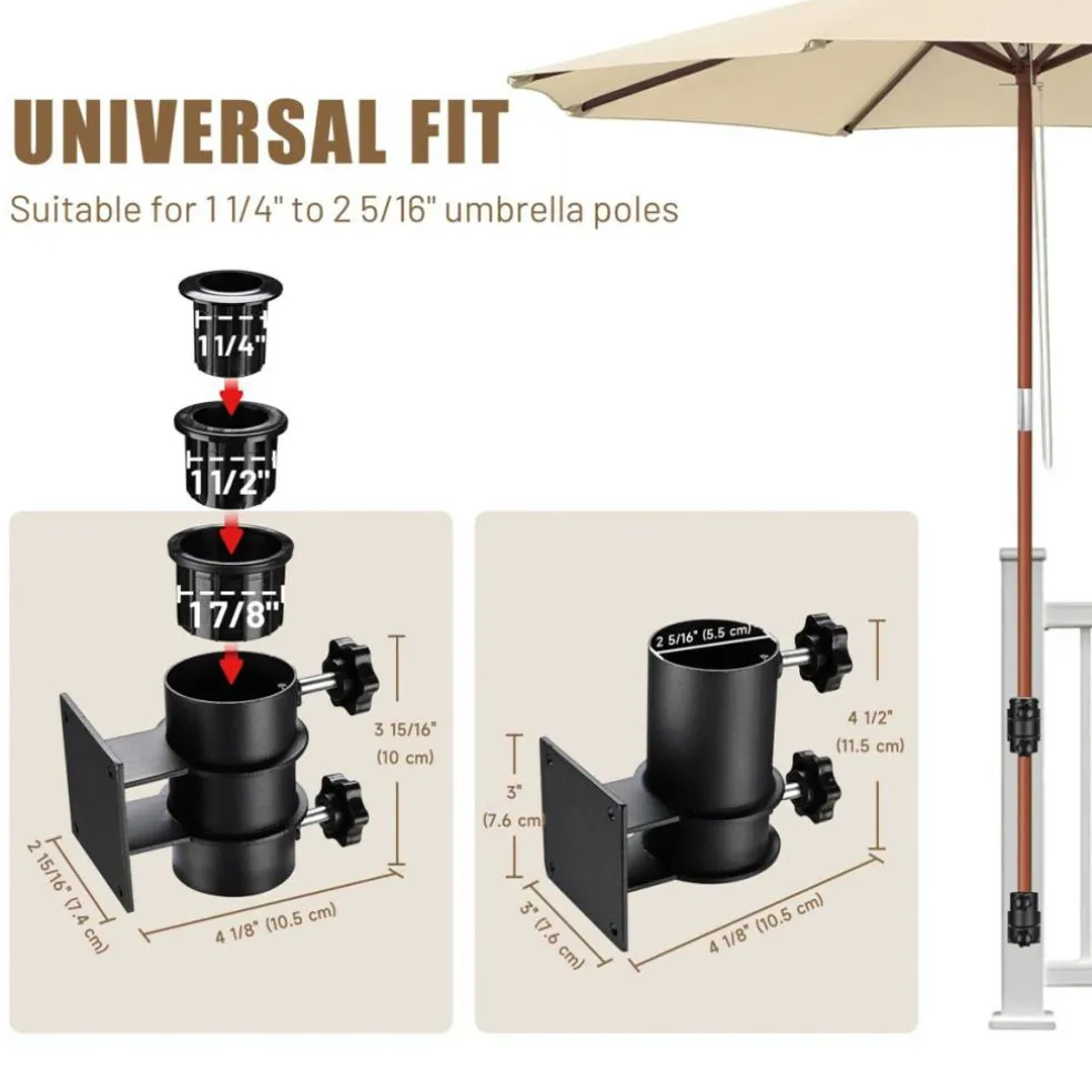 LAGarden Deck Umbrella Mount Holder Bracket Height Flexible for Patio Railing Balcony Courtyard Poolside Mobile Cart Black Flat