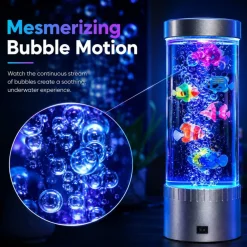 Lamp with RGB Color Changing LED Lights, Bubble Fish Tank Lamp with Swimming Artificial Fish, Sensory Night Light for Bedroom, Gaming Room & Desk Decor, Relaxing Gift for Kids & Adults