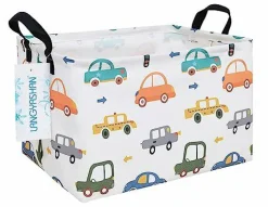 LANGYASHAN Rectangular Storage Bin Collapse Canvas Fabric Cartoon Storage Basket with Handles for Organizing Home Kitchen Boys and Girls Toys Office Closet Shelf Baskets(Rec Color Cars)