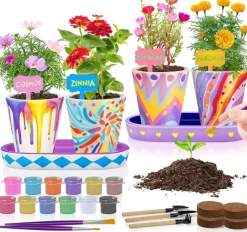 LAOESE 4 Set Paint and Plant Flower Gardening Kit for Kids, DIY Ceramic Flower Pot Painting & Growing Kit with Seeds, Gardening Tools and Supplies, Creative Crafts Gifts for Girls Boys Ages 6-12