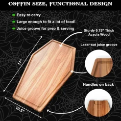 Large Coffin Charcuterie Board - Gothic Acacia Wood Coffin Shaped Cutting Board 17x10.5inch, Halloween Wooden Serving Tray, Goth Platter, Spooky Decor Gifts