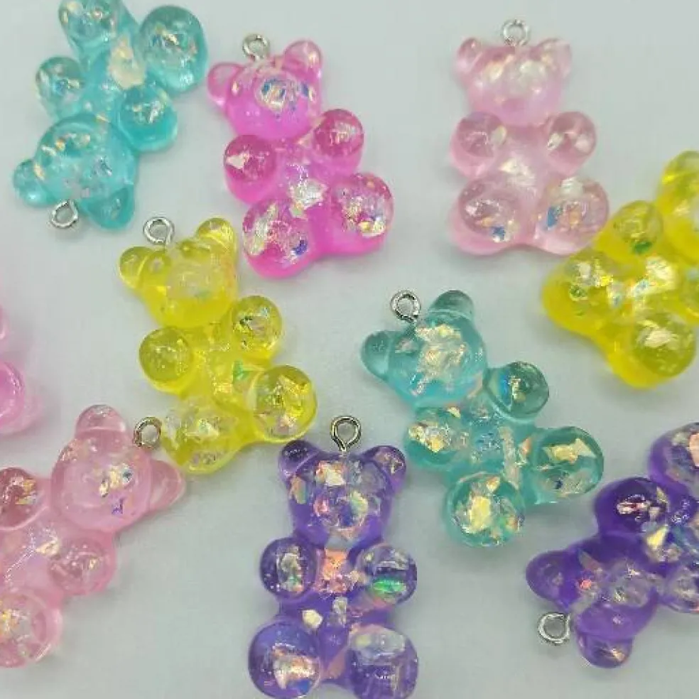 10 Large Gummy Bear Charms with Glitter, 1.25"