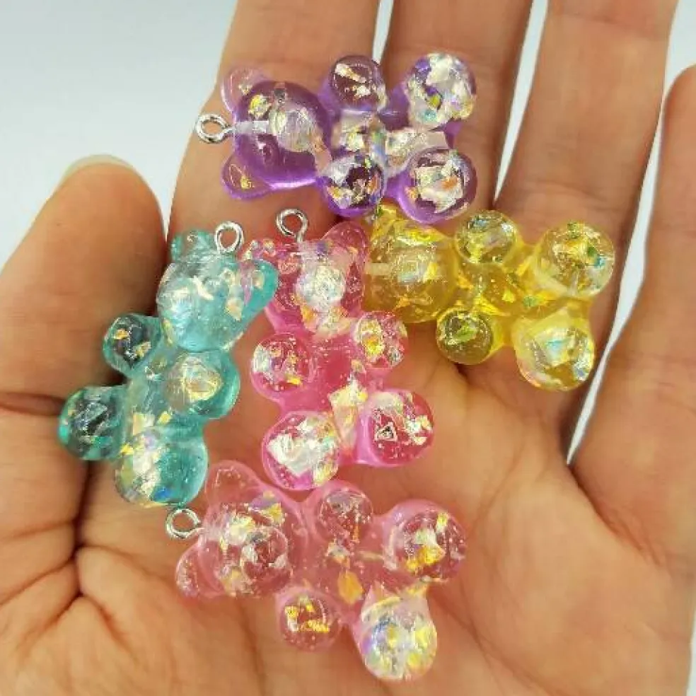 10 Large Gummy Bear Charms with Glitter, 1.25"