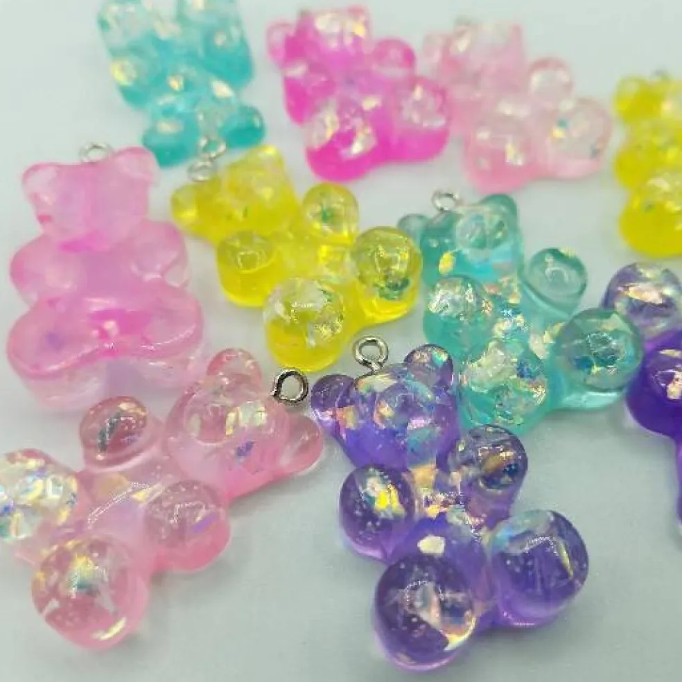 10 Large Gummy Bear Charms with Glitter, 1.25"