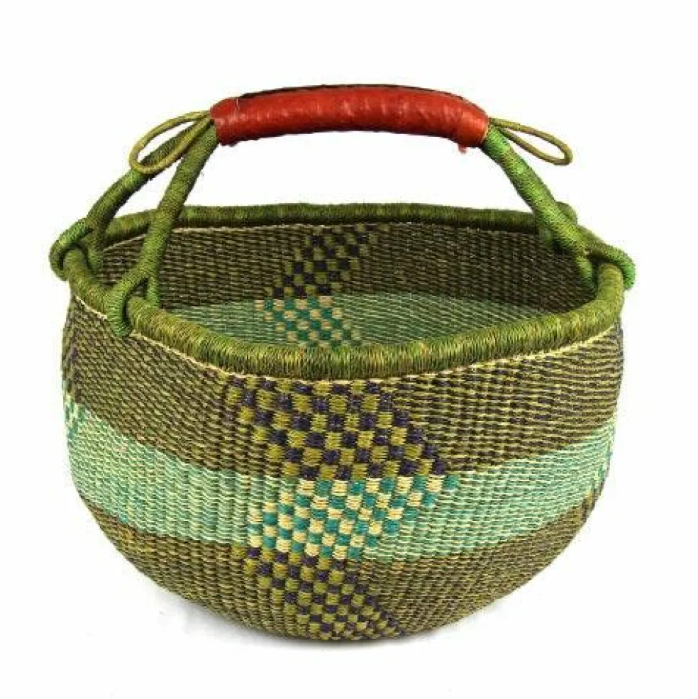 Large Handwoven Market Basket with Leather Handles for Shopping and Storage