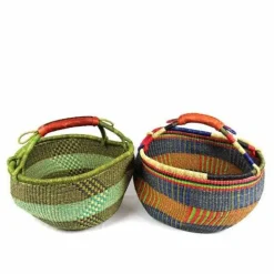 Large Handwoven Market Basket with Leather Handles for Shopping and Storage