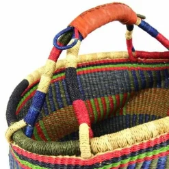 Large Handwoven Market Basket with Leather Handles for Shopping and Storage