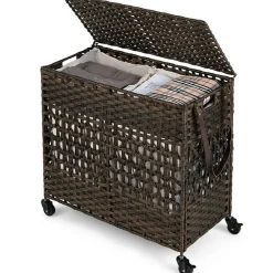 Large Laundry Hamper 110L Rolling Clothes Basket with 2 Compartments, Lid, Removable Liner Bags, Foldable Storage Organizer with Wheels