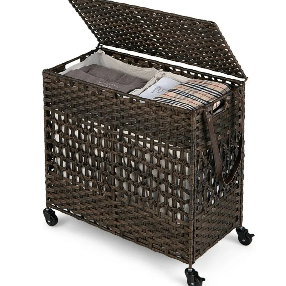 Large Laundry Hamper 110L Rolling Clothes Basket with 2 Compartments, Lid, Removable Liner Bags, Foldable Storage Organizer with Wheels