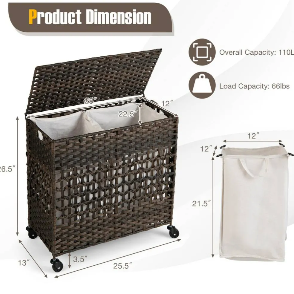 Large Laundry Hamper 110L Rolling Clothes Basket with 2 Compartments, Lid, Removable Liner Bags, Foldable Storage Organizer with Wheels