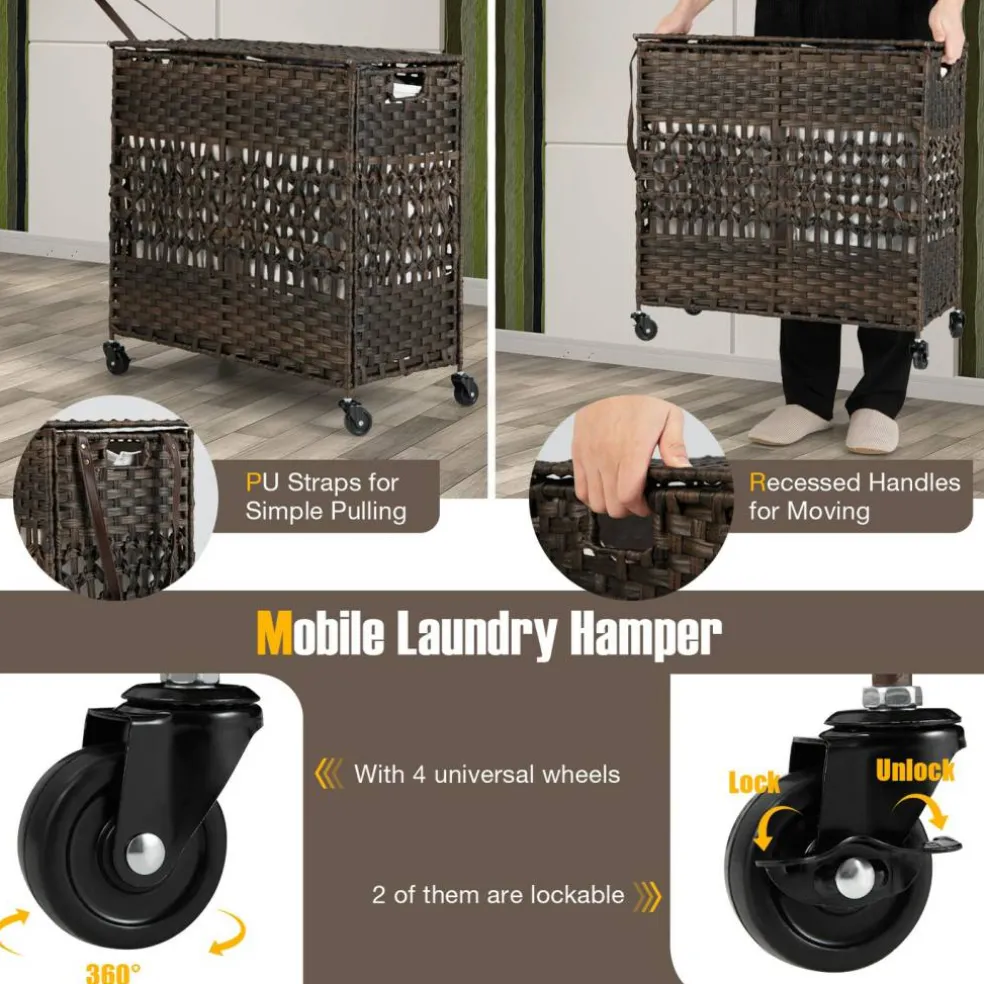 Large Laundry Hamper 110L Rolling Clothes Basket with 2 Compartments, Lid, Removable Liner Bags, Foldable Storage Organizer with Wheels