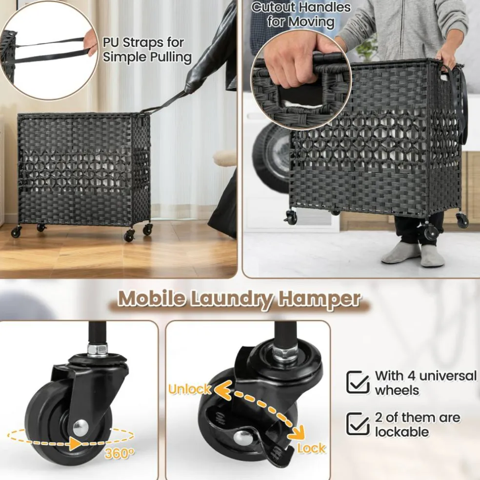 Large Laundry Hamper 110L Rolling Clothes Basket with 2 Compartments, Lid, Removable Liner Bags, Foldable Storage Organizer with Wheels