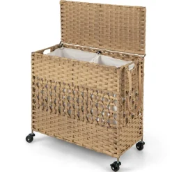Large Laundry Hamper 110L Rolling Clothes Basket with 2 Compartments, Lid, Removable Liner Bags, Foldable Storage Organizer with Wheels