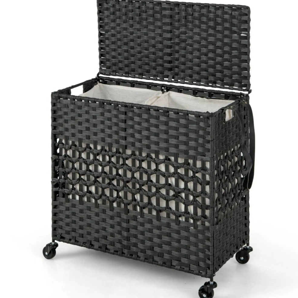 Large Laundry Hamper 110L Rolling Clothes Basket with 2 Compartments, Lid, Removable Liner Bags, Foldable Storage Organizer with Wheels