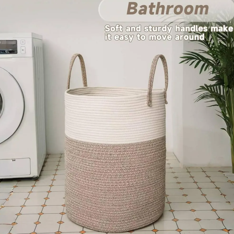 Large Woven Laundry Basket Hamper,60L Cotton Rope Storage Bin for Blankets,Toys and Clothes,Decorative Tall Nursery Hamper