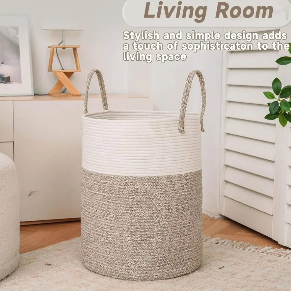 Large Woven Laundry Basket Hamper,60L Cotton Rope Storage Bin for Blankets,Toys and Clothes,Decorative Tall Nursery Hamper