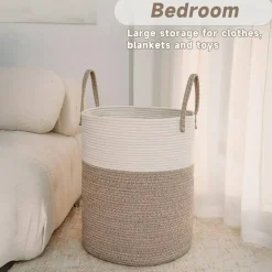 Large Woven Laundry Basket Hamper,60L Cotton Rope Storage Bin for Blankets,Toys and Clothes,Decorative Tall Nursery Hamper