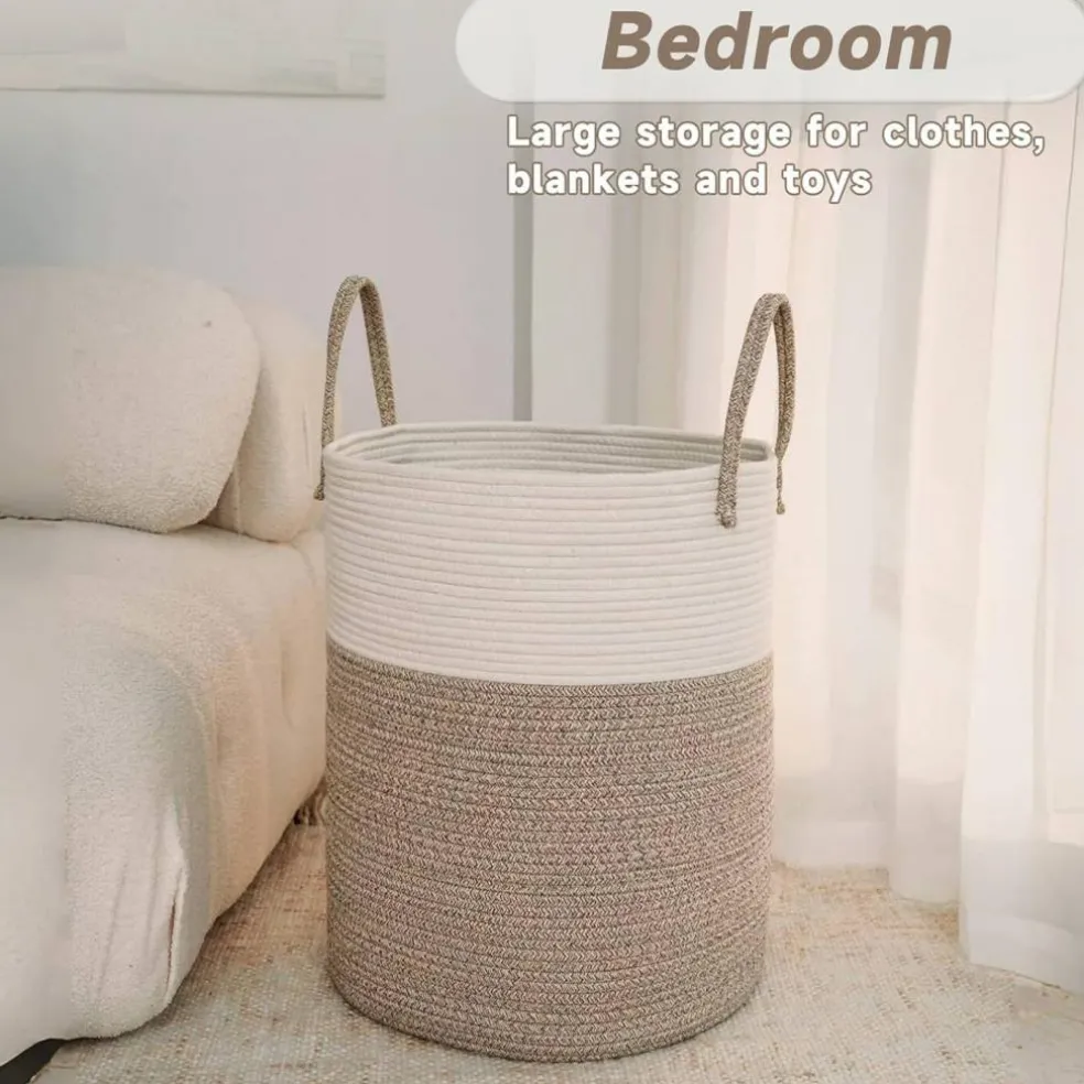 Large Woven Laundry Basket Hamper,60L Cotton Rope Storage Bin for Blankets,Toys and Clothes,Decorative Tall Nursery Hamper