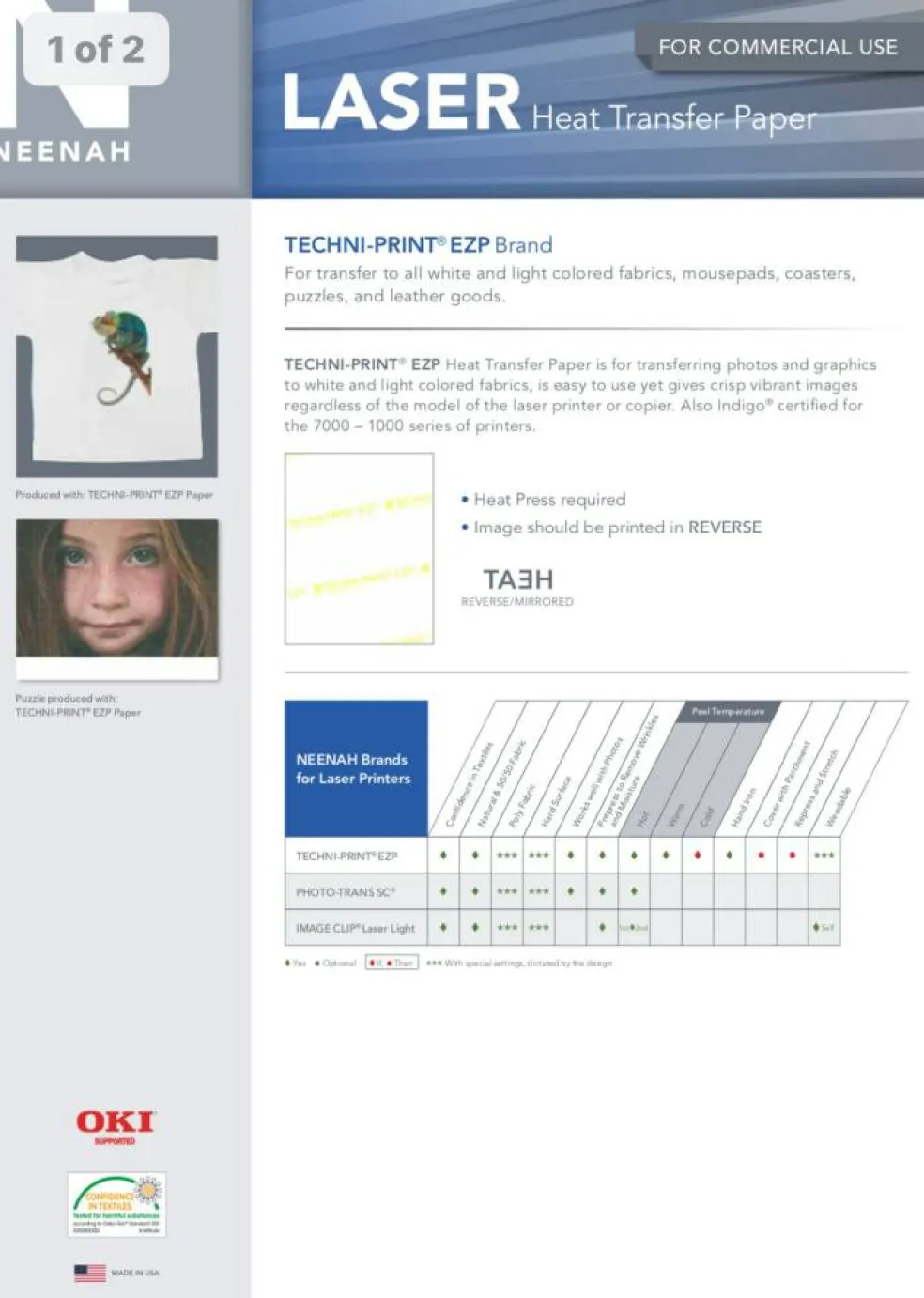Laser HEAT TRANSFER PAPER Light Techni Print EZP 50 Sheets 8.5”x11” Made in USA