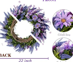 Lavender Wreath for Front Door 22 Inch - Purple Daisy Summer Artificial Wild Flower Greenery Leaves for All Seasons - Farmhouse Home Wall Indoor Outdoor Window Decor