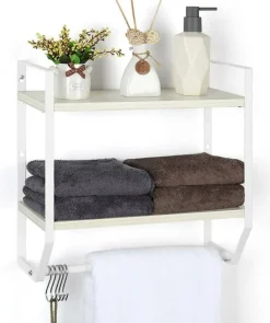 2-Layer Wall Mounted Rustic Shelves with Iron Towel Bar