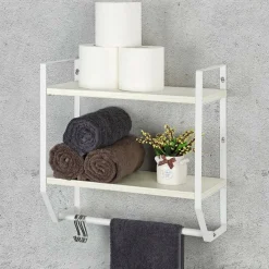 2-Layer Wall Mounted Rustic Shelves with Iron Towel Bar