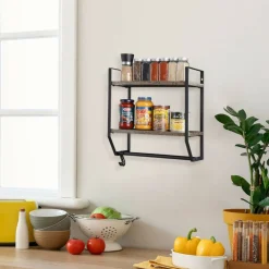 2-Layer Wall Mounted Rustic Shelves with Iron Towel Bar