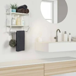 2-Layer Wall Mounted Rustic Shelves with Iron Towel Bar