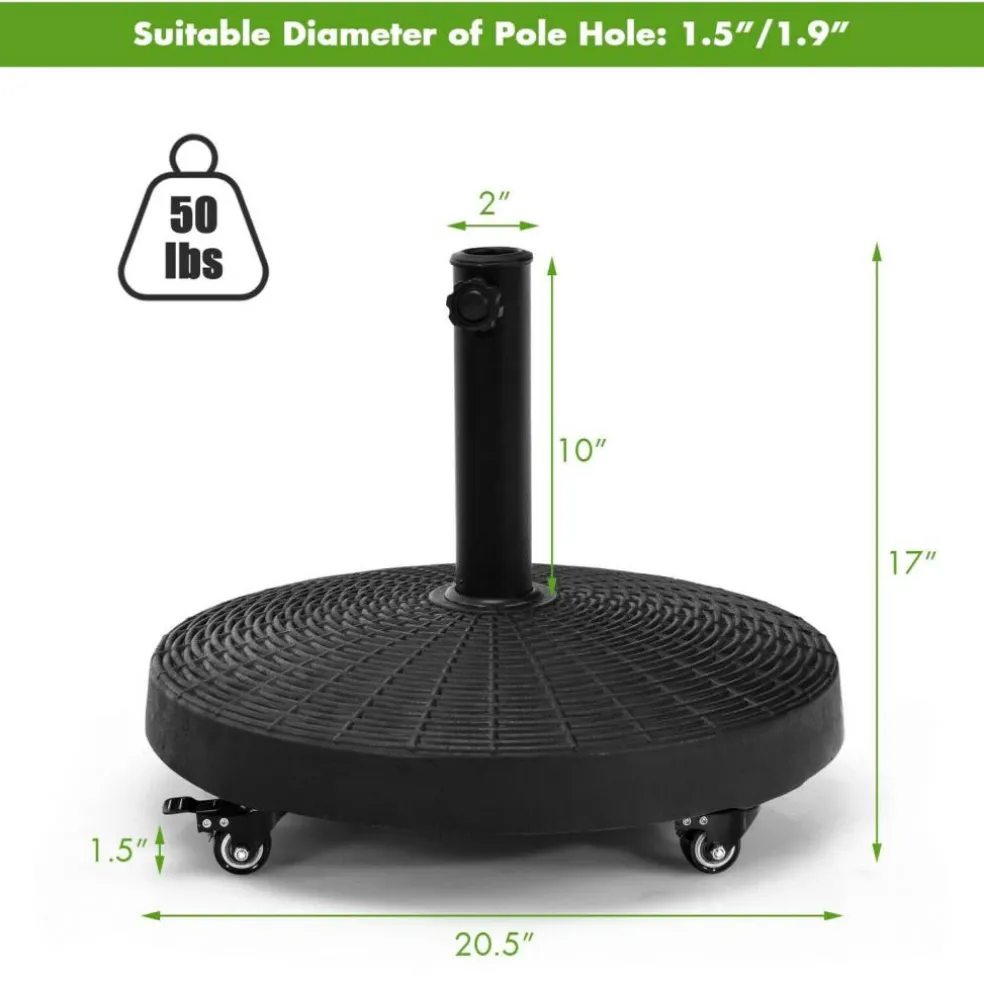 50 LBS Patio Wicker Style Resin Umbrella Base Stand Heavy Duty with Wheels