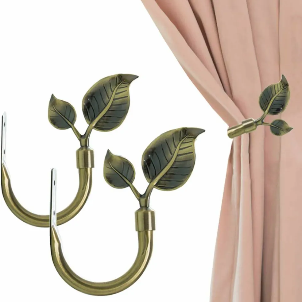 Leaf Shaped Curtain Tieback Holdbacks 2pcs, Handmade Metal Curtain Side Holders for Wall, Curtain Hook Pull Backs for Drapes Window Decoration (Antique Brass)
