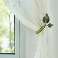 Leaf Shaped Curtain Tieback Holdbacks 2pcs, Handmade Metal Curtain Side Holders for Wall, Curtain Hook Pull Backs for Drapes Window Decoration (Antique Brass)