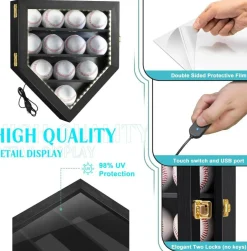 LED Baseball Display Case for 12 Baseballs – UV Protection Acrylic Front Wooden Shadow Box with LED Lights, Wall Mount Hardwood Display Cabinet for Autographed, Collectible & Memorabilia Baseballs