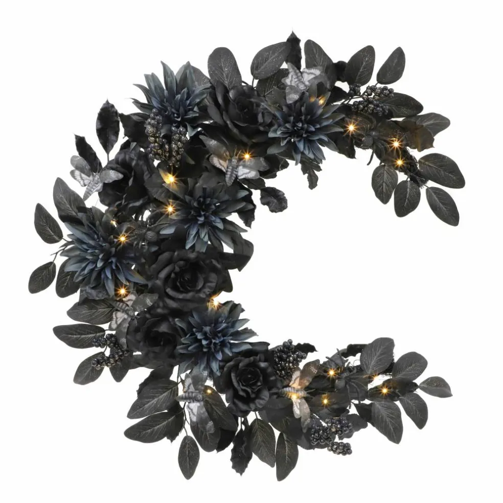 26" LED Black & Dusty Navy Dahlia, Rose & Moth Moon Wreath by Ashland®