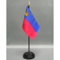 Leichtenstian Desk Flag with Base; American Made Rayon 4x6 inch Miniature Table Set Includes One Small Mini Country Stick Flags and One Black Stand