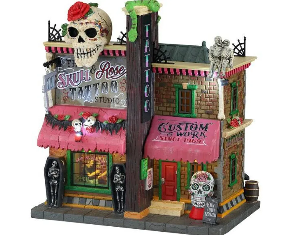 Lemax The Skull and Rose Tattoo Studio Lighted Building Battery Operated #15751