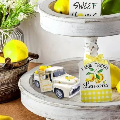 Lemon Farm Vintage Truck Decor with Faux Lemons & Wooden Crate, Farmhouse Summer Tiered Tray Decoration, Rustic Lemon Table Centerpiece for Kitchen, Shelf, Desk & Home Decor