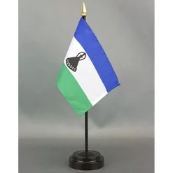 Lesotho Desk Flag with Base; American Made Rayon 4x6 inch Miniature Table Set Includes One Small Mini Country Stick Flags and One Black Stand