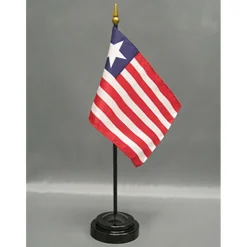 Liberia Desk Flag with Base; American Made Rayon 4x6 inch Miniature Table Set Includes One Small Mini Country Stick Flags and One Black Stand
