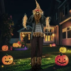 Life-Size 7ft Halloween Scarecrow Decoration with Sound-Activated Moving Hat and Glowing Eyes