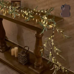 Lighted Artificial Olive Garland 6FT 96 LED Fairy Lights Battery Operated, Faux Vine Lights with Timer for Spring Christmas Holiday Fireplace Decoration